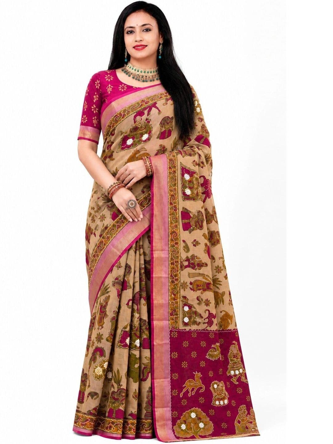 SONARIKA CREATION Kalamkari Zari Pure Cotton Heavy Work Block Print Saree - view 1