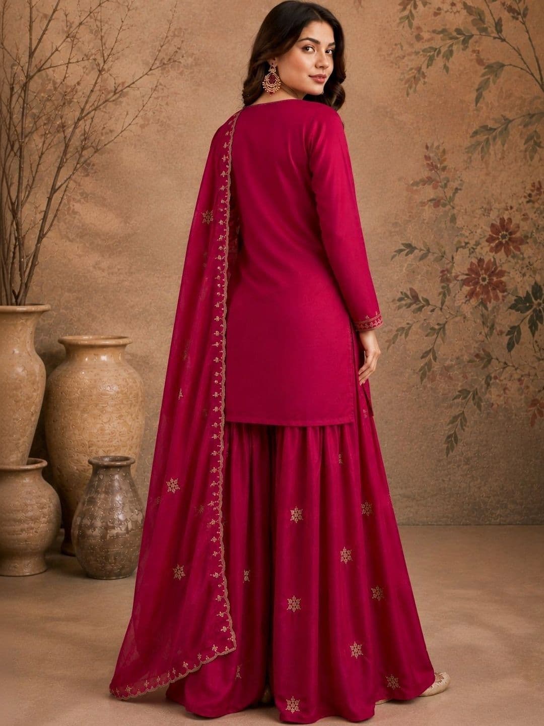 Sangria Women Ethnic Motifs Embroidered Regular Kurta with Sharara & With Dupatta thumbnail 3