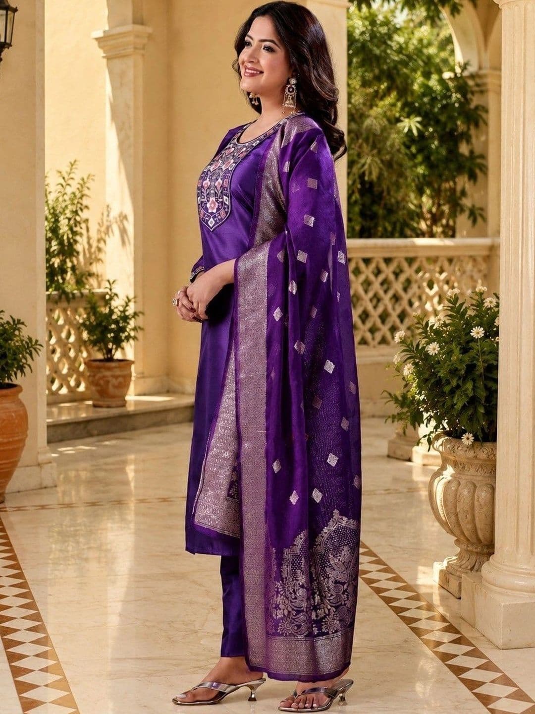 Klotden Women Ethnic Motifs Embroidered Regular Thread Work Kurta with Trousers & With Dupatta thumbnail 5