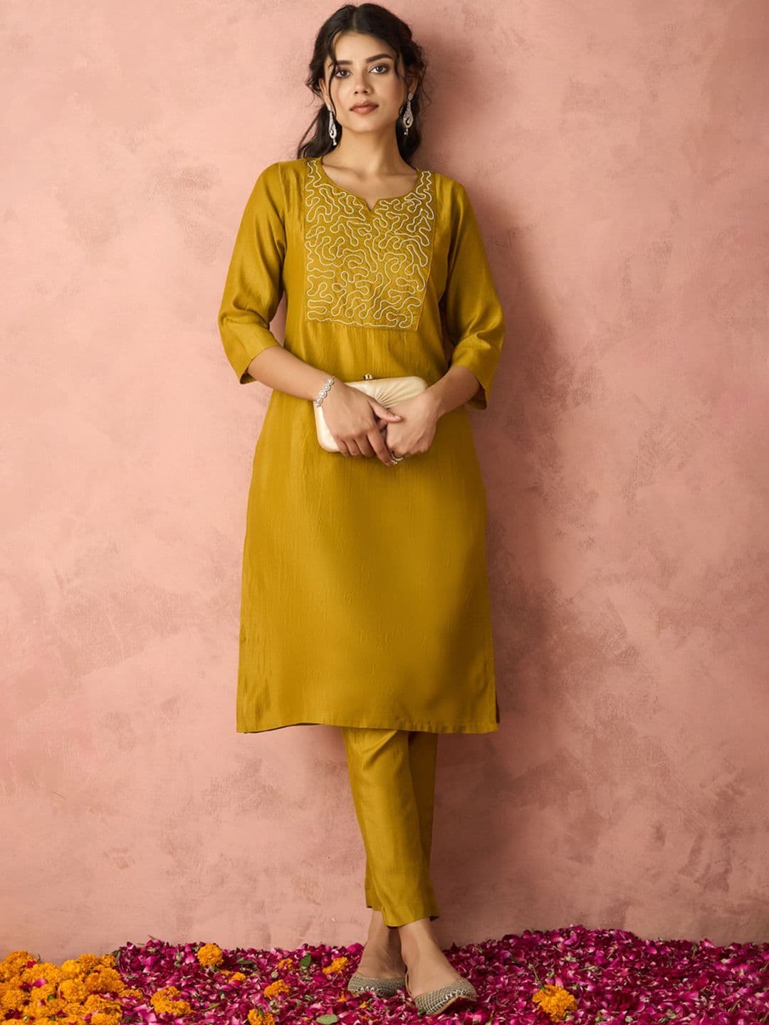 KALINI Geometric Yoke Design Thread Work Notch-Neck Straight Kurta With Trousers - view 1