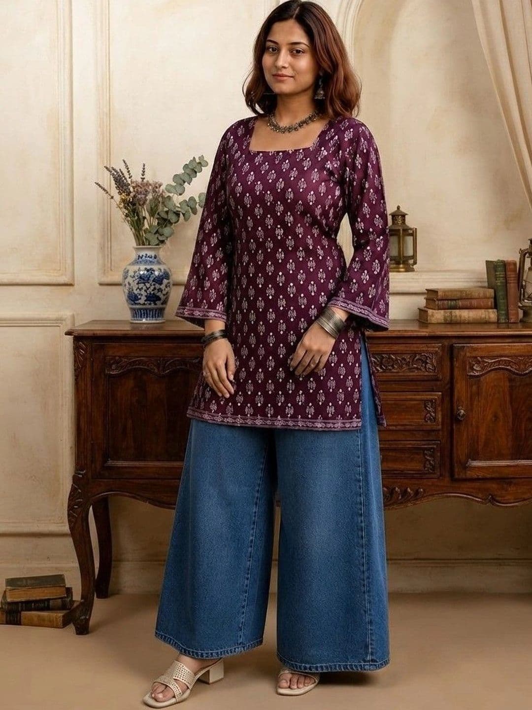 Sangria Ethnic Motifs Printed Square Neck Flared Sleeves Pure Cotton Kurti - view 1