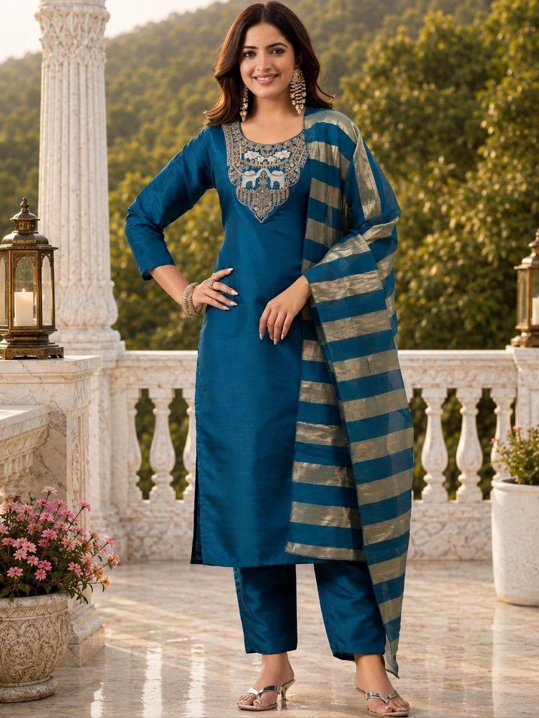 Chandbaali Women Ethnic Motifs Embroidered Regular Thread Work Kurta with Trousers & With Dupatta thumbnail 5