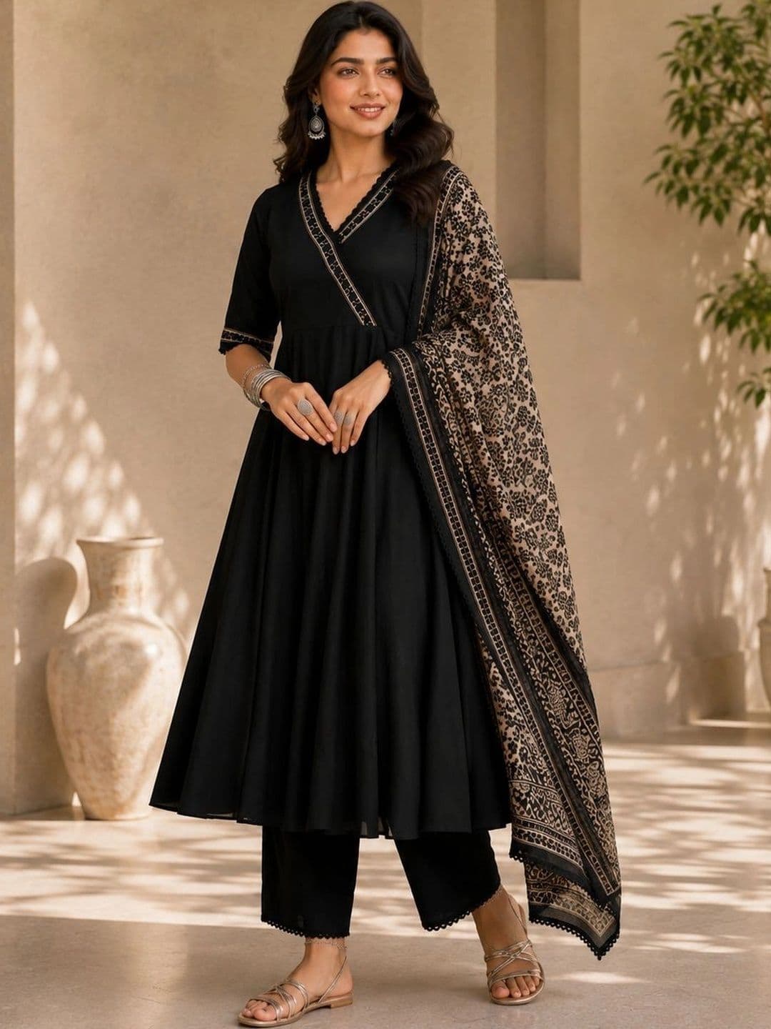 Sangria Women Ethnic Motifs Angrakha Chikankari Kurta with Palazzos & With Dupatta thumbnail 3