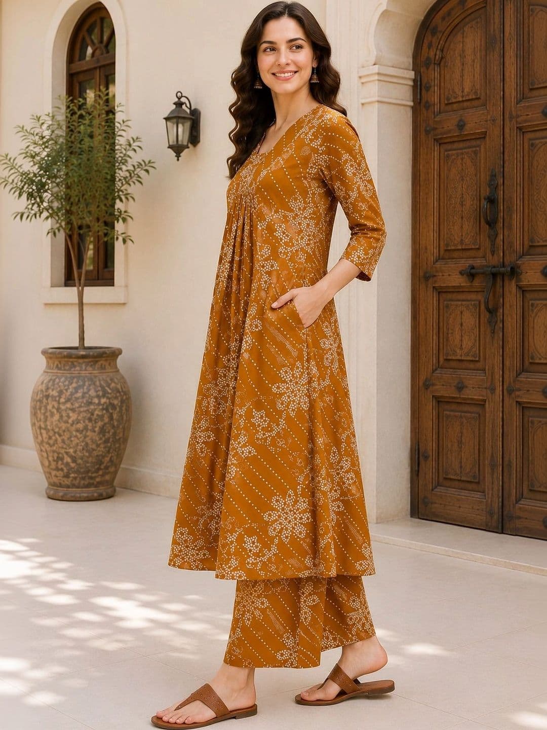 EVANORA Women Ethnic Motifs Printed Empire Kurta with Palazzos thumbnail 2