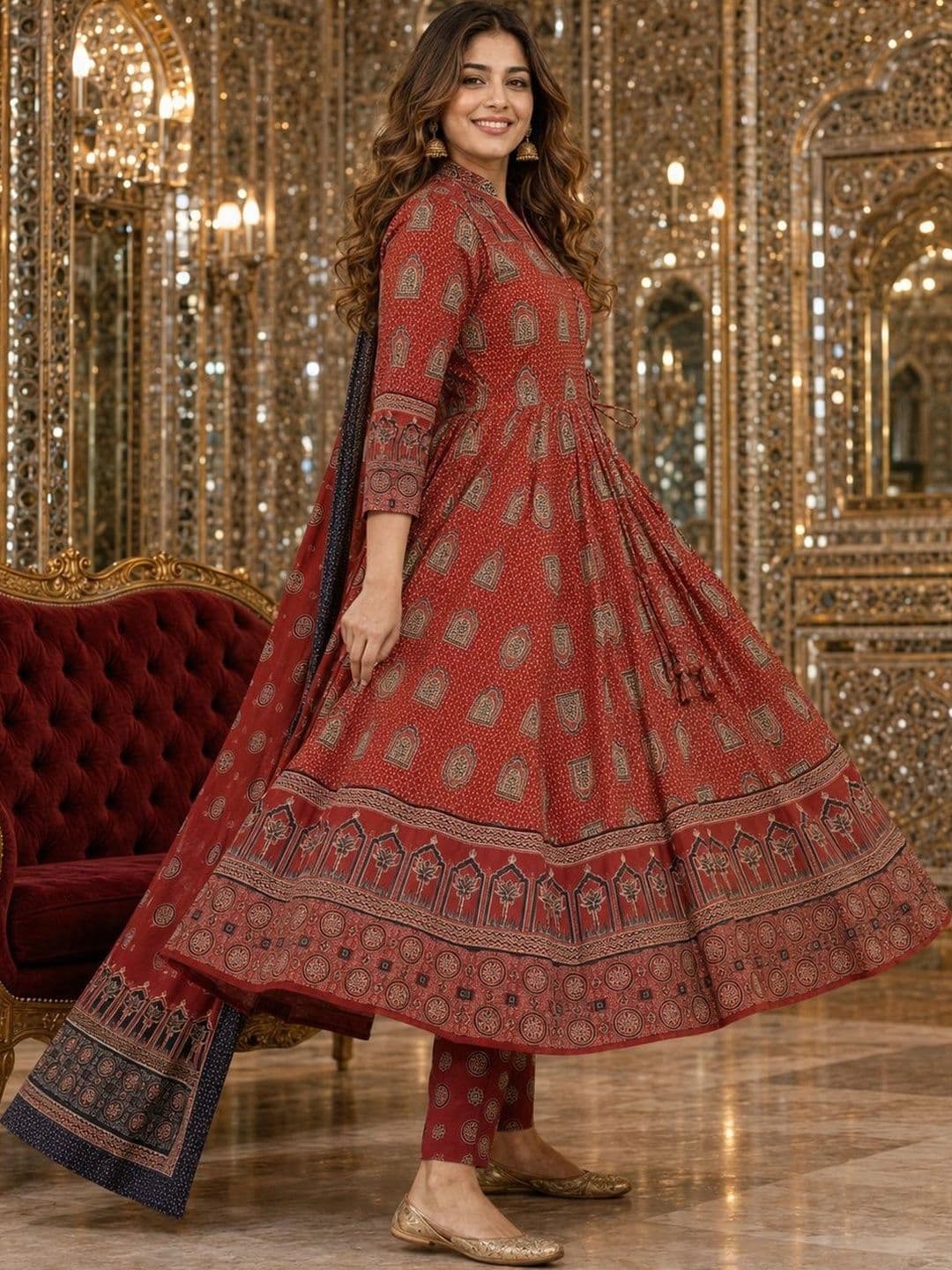 Berrylicious Women Ethnic Motifs Printed Angrakha Pure Cotton Kurta with Trousers & With Dupatta thumbnail 2