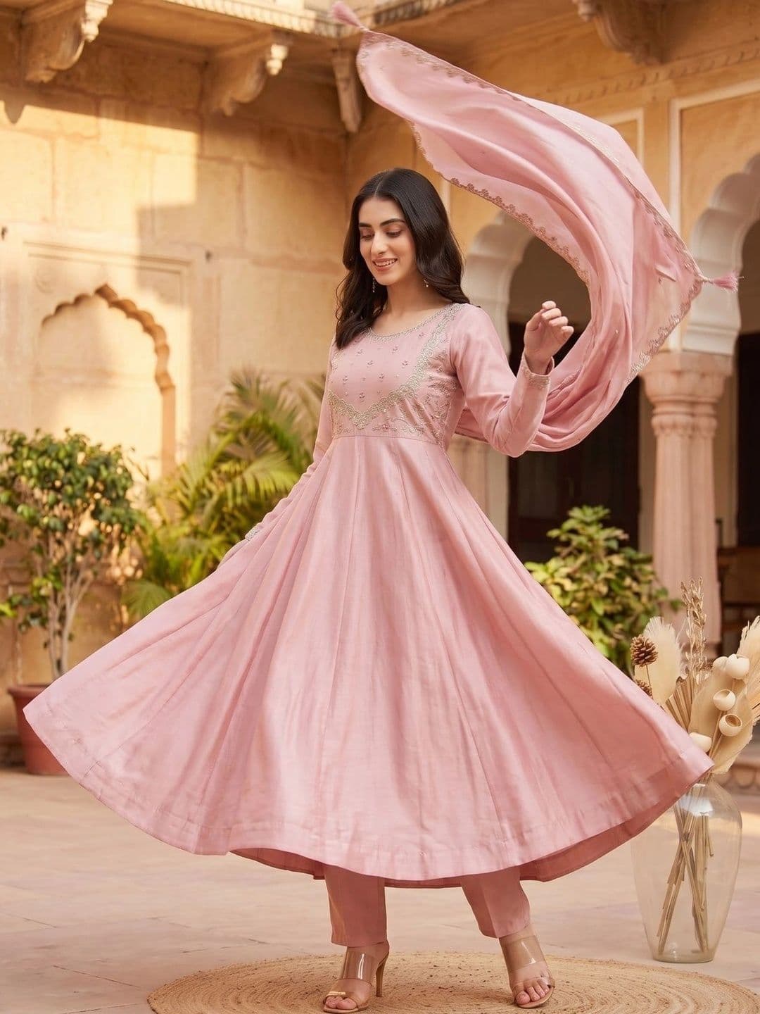 KALINI Women Ethnic Motifs Embroidered Empire Kurta with Trousers & With Dupatta thumbnail 3