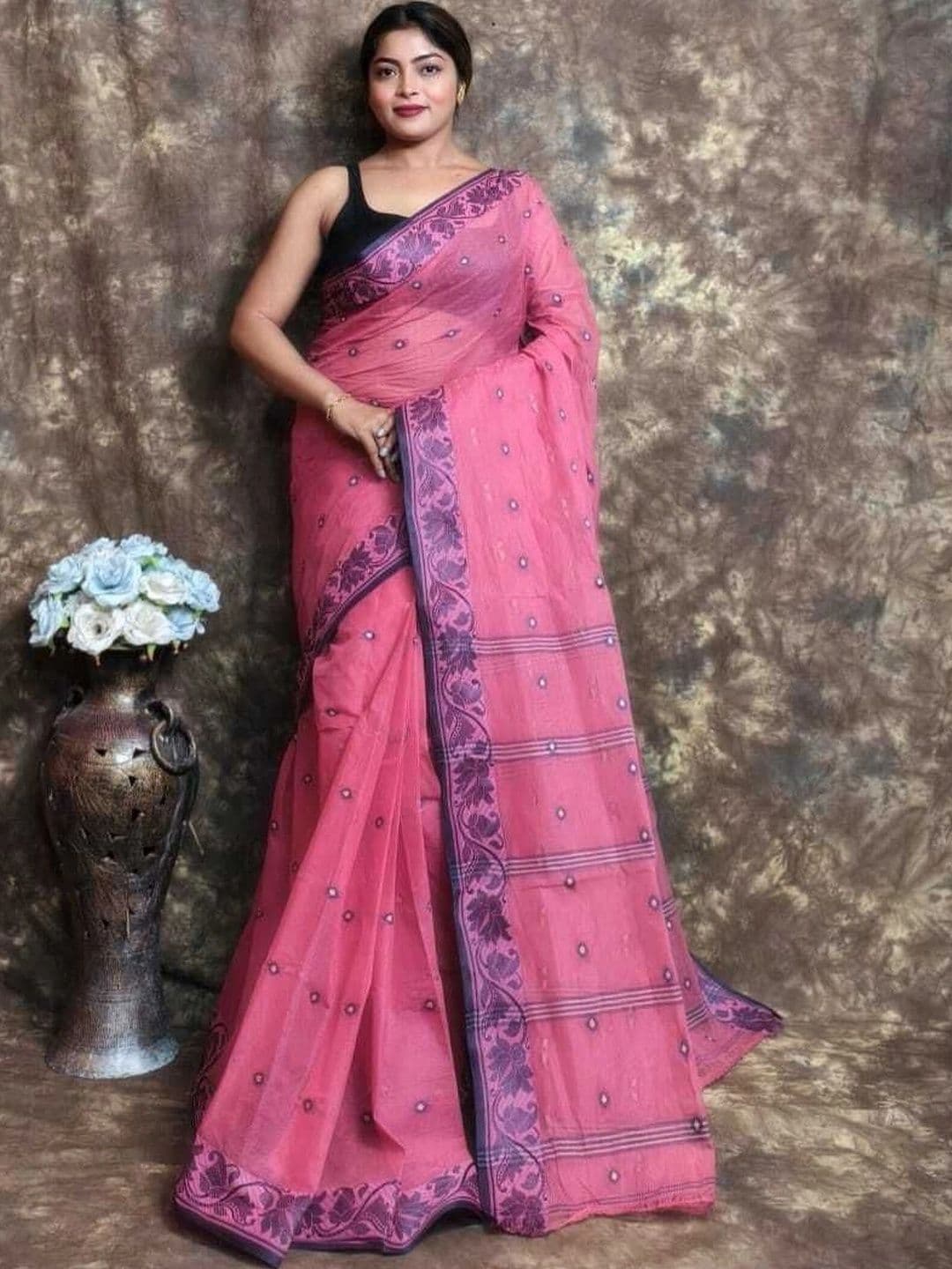 TANTSHREE Floral Embroidered Pure Cotton Saree - view 1