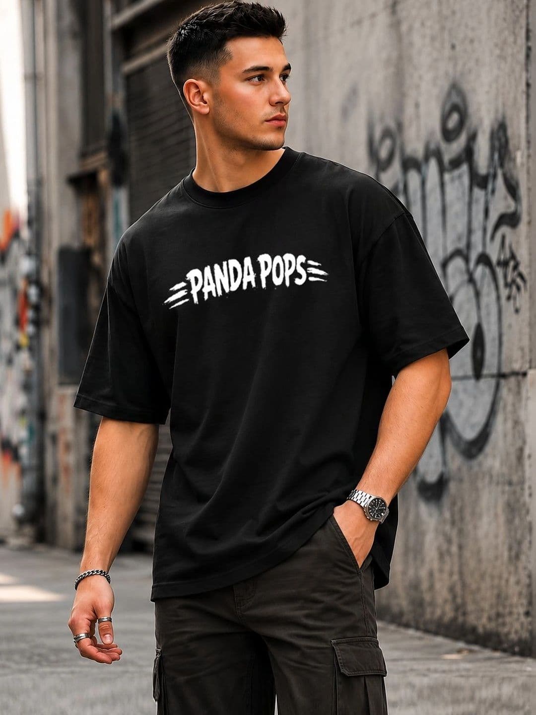 PANDA POPS Men Typography Printed Drop-Shoulder Sleeves T-shirt thumbnail 2