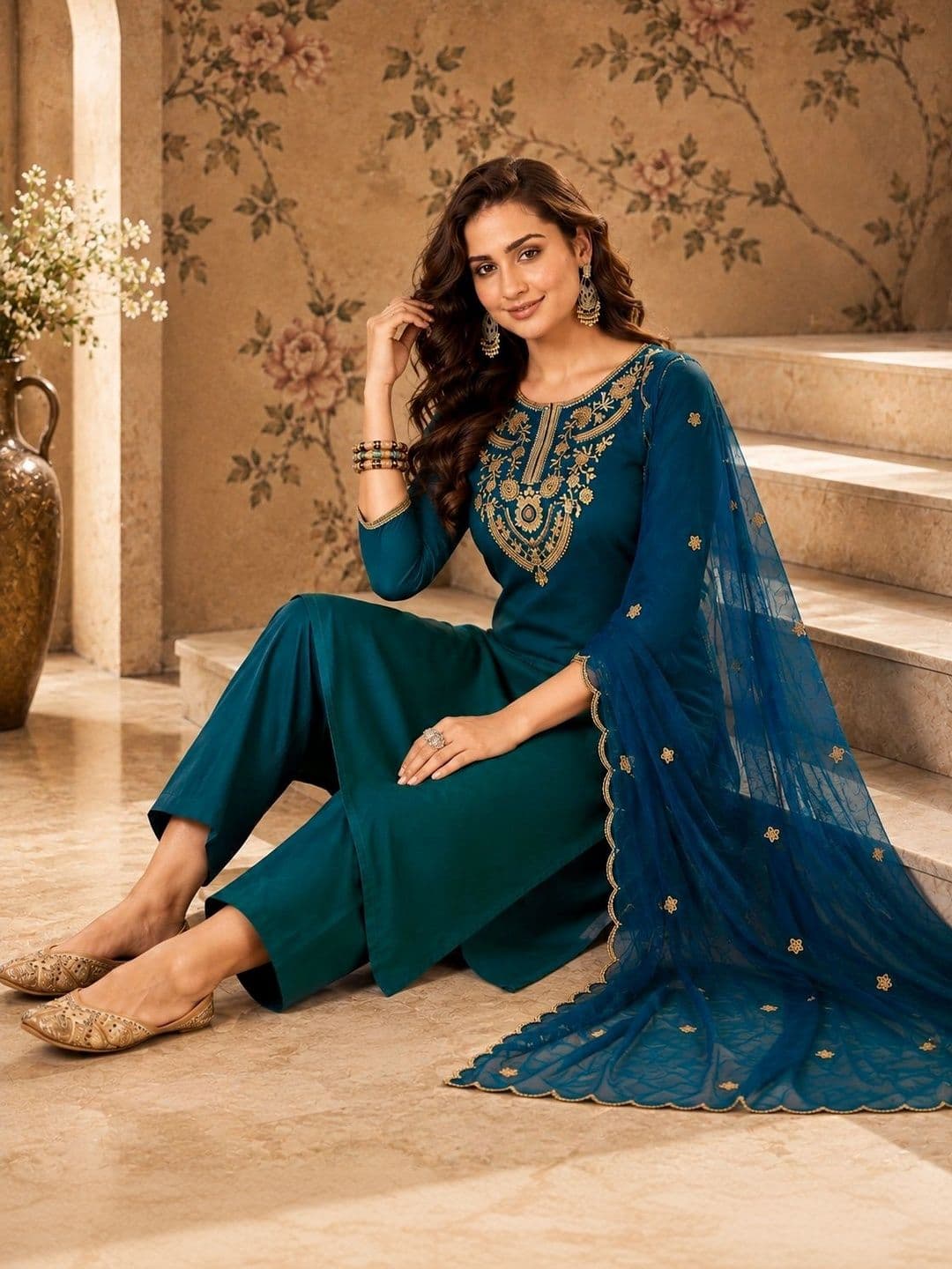 Sangria Women Ethnic Motifs Embroidered Regular Kurta with Trousers & With Dupatta thumbnail 7