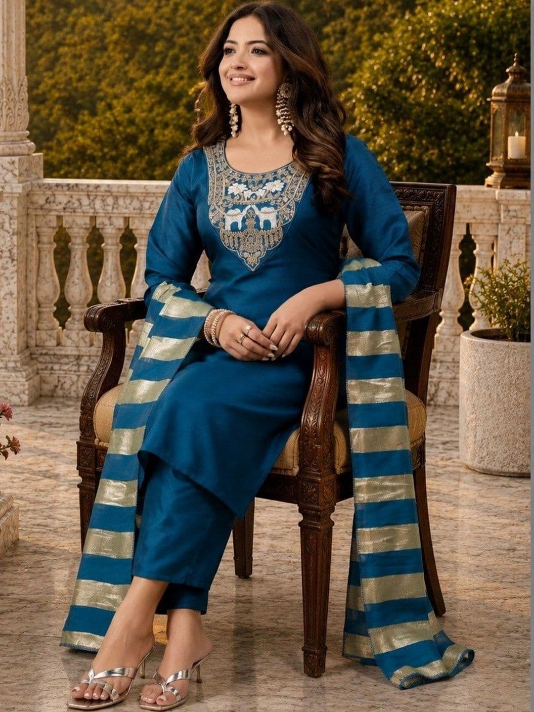 Chandbaali Women Ethnic Motifs Embroidered Regular Thread Work Kurta with Trousers & With Dupatta thumbnail 6