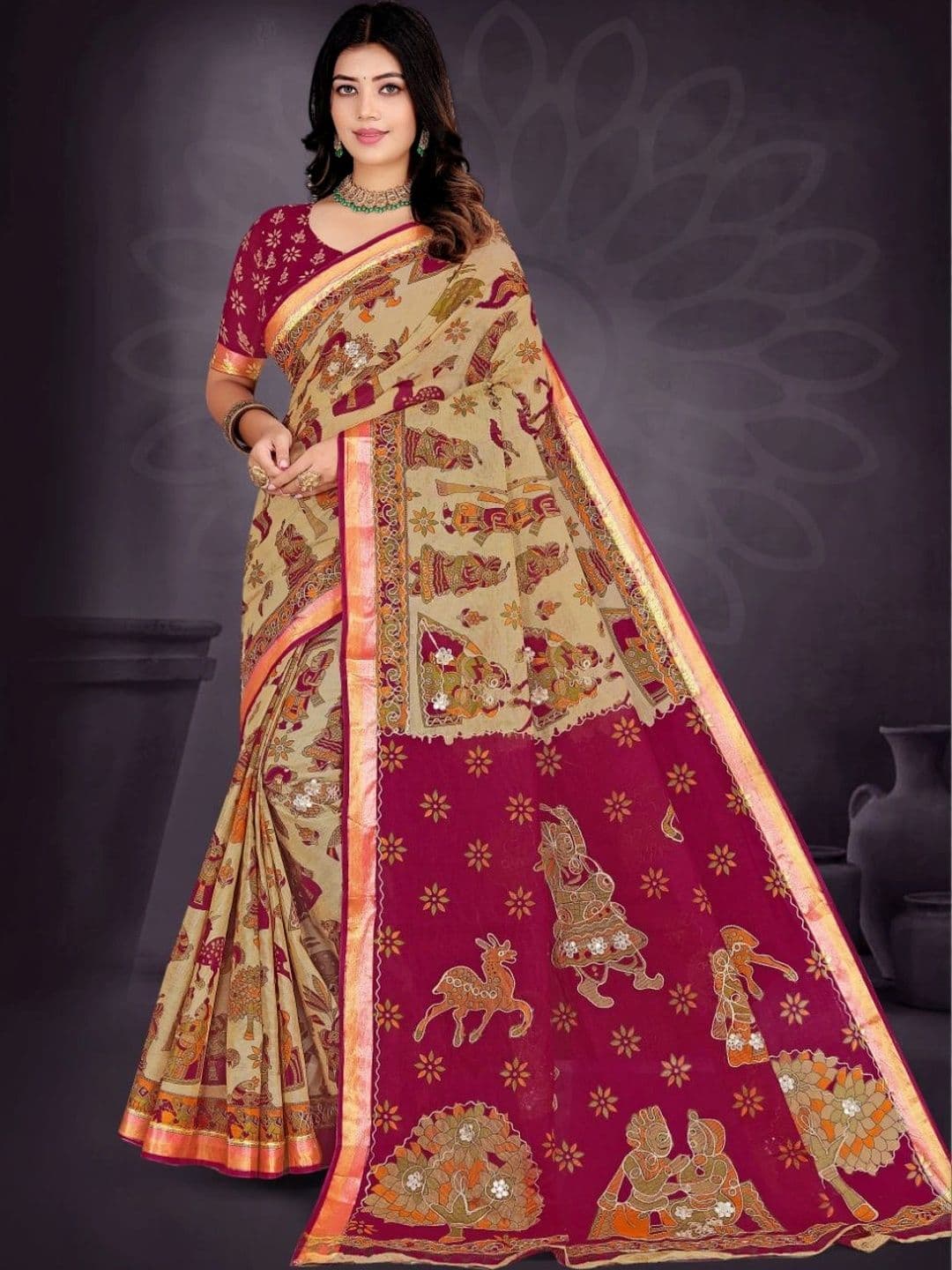 SONARIKA CREATION Kalamkari Zari Pure Cotton Heavy Work Block Print Saree thumbnail 2