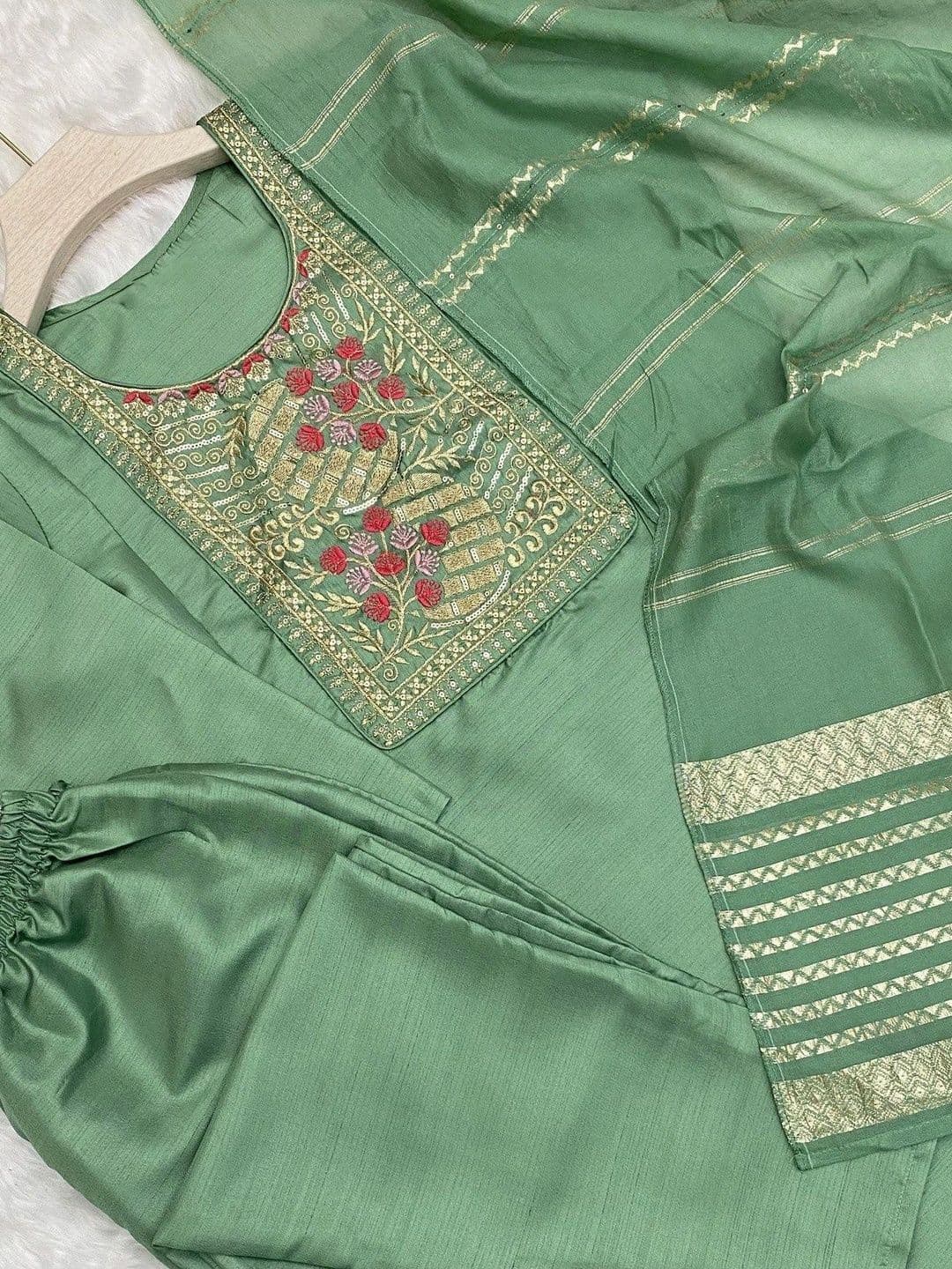 Sangria Women Floral Embroidered Empire Sequinned Kurta with Trousers & With Dupatta thumbnail 7