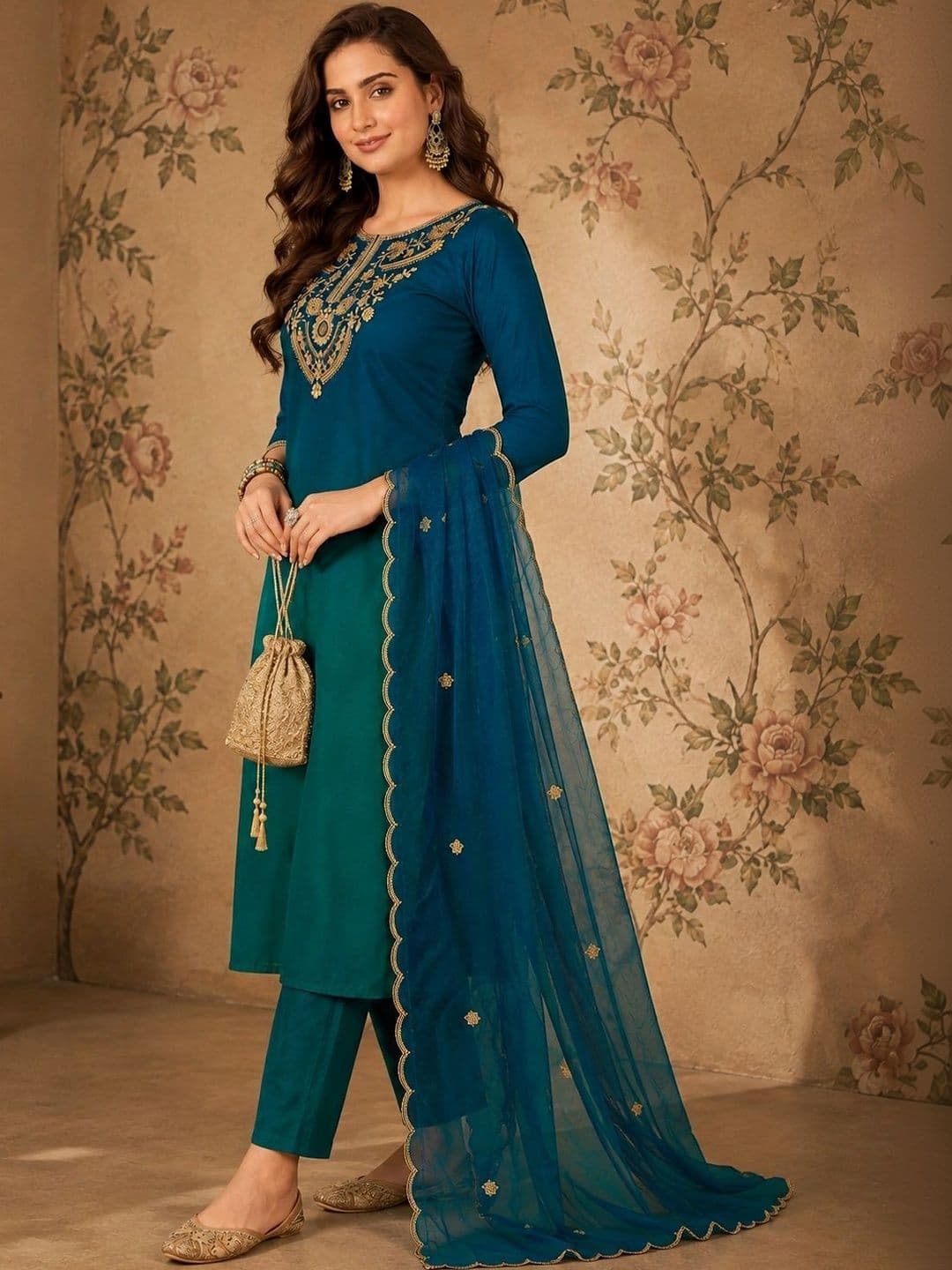 Sangria Women Ethnic Motifs Embroidered Regular Kurta with Trousers & With Dupatta thumbnail 3