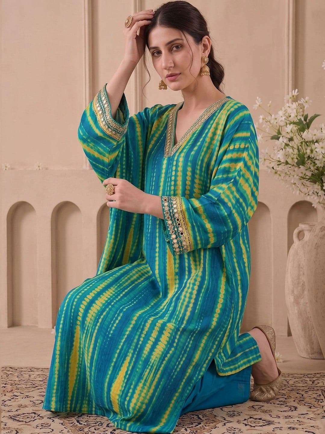 Varanga Women Dyed Regular Thread Work Kurta with Palazzos thumbnail 7