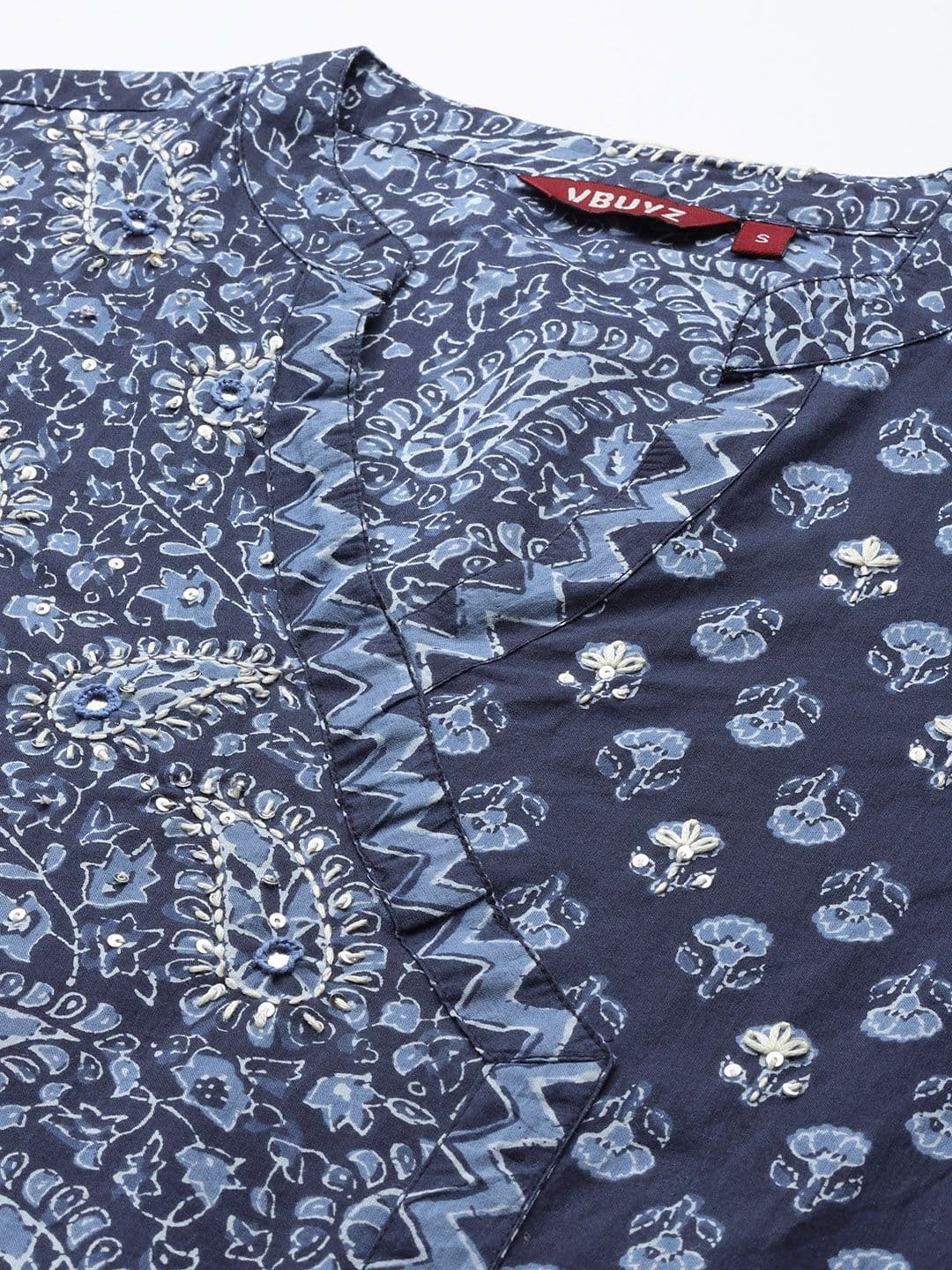 Vbuyz Womens Blue Cotton A-Line Printed Ethnic Kurti with Hand Work 3/4 Sleeves and V-Neck thumbnail 5