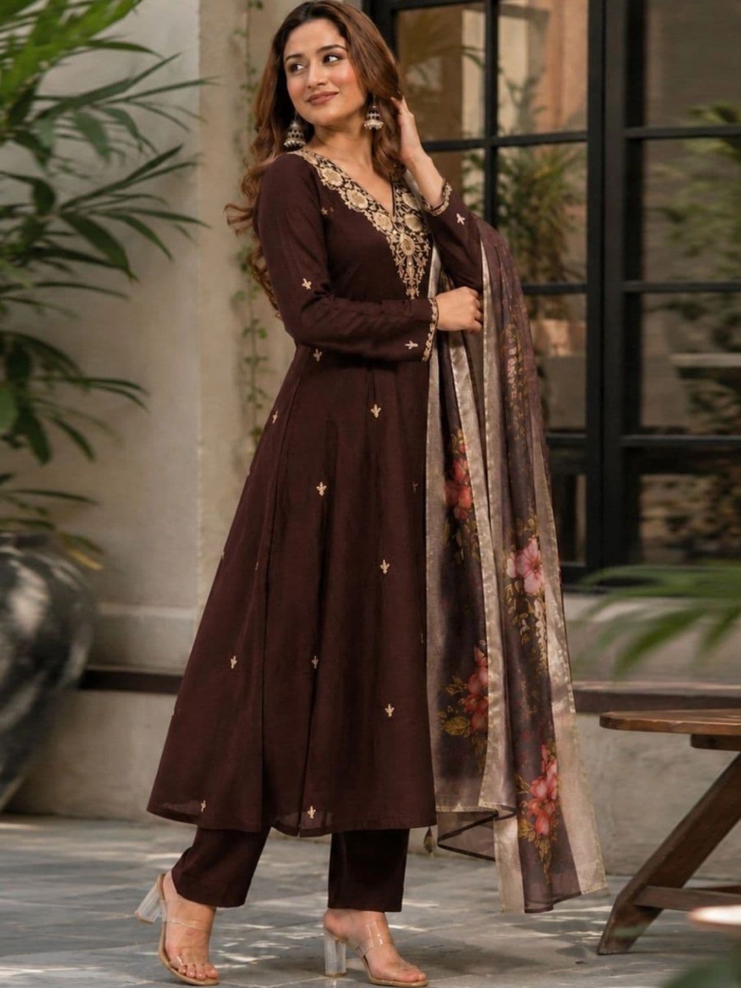 GoSriKi Women Floral Embroidered Empire Thread Work Kurta with Trousers & With Dupatta - view 1