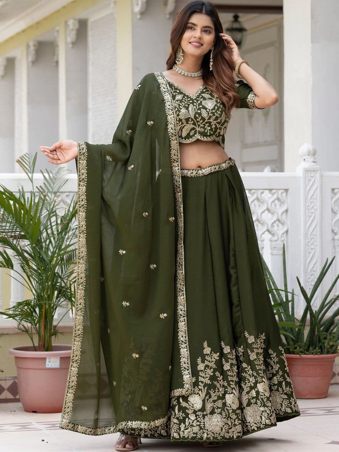 IVARIS Embroidered Sequinned Ready to Wear Lehenga & Unstitched Blouse With Dupatta thumbnail 3