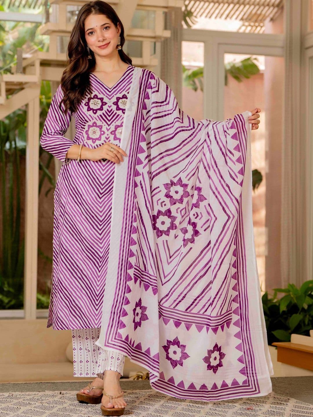 JAIPUR SARAI Women Ethnic Motifs Striped Regular Sequinned Pure Cotton Kurta with Trousers & With Dupatta thumbnail 7