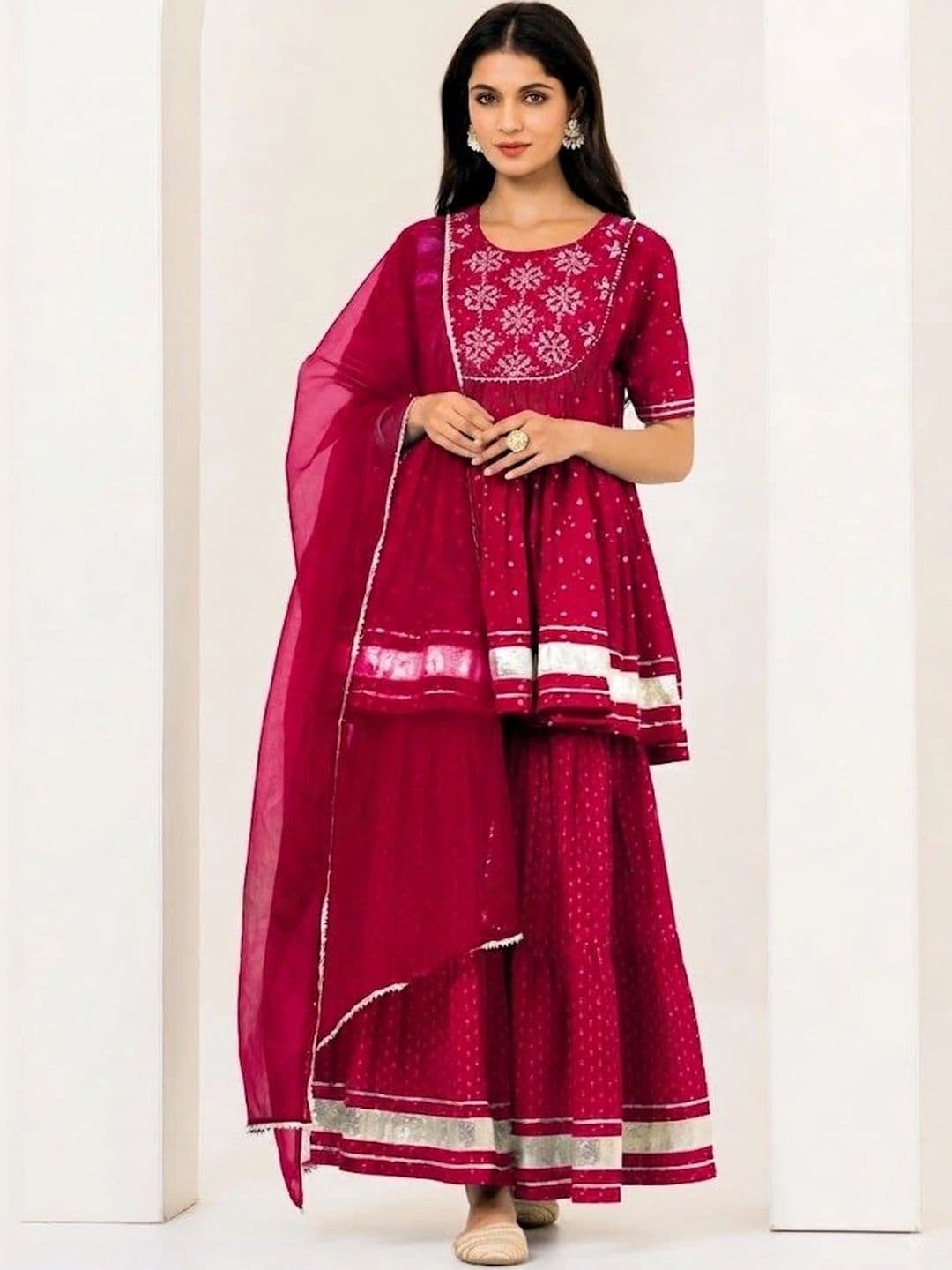 VHS FASHION Women Ethnic Motifs Embroidered Empire Kurta with Sharara & With Dupatta - view 1