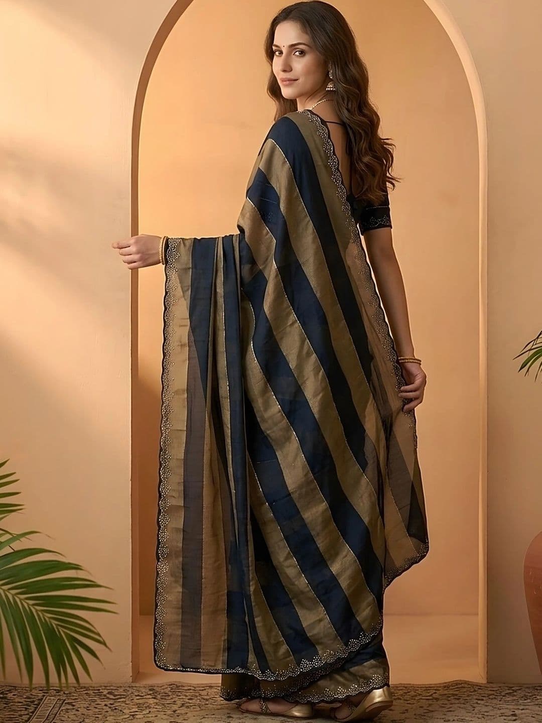 Mitera Striped Embroidered Silk Blend Fusion Saree thumbnail 3