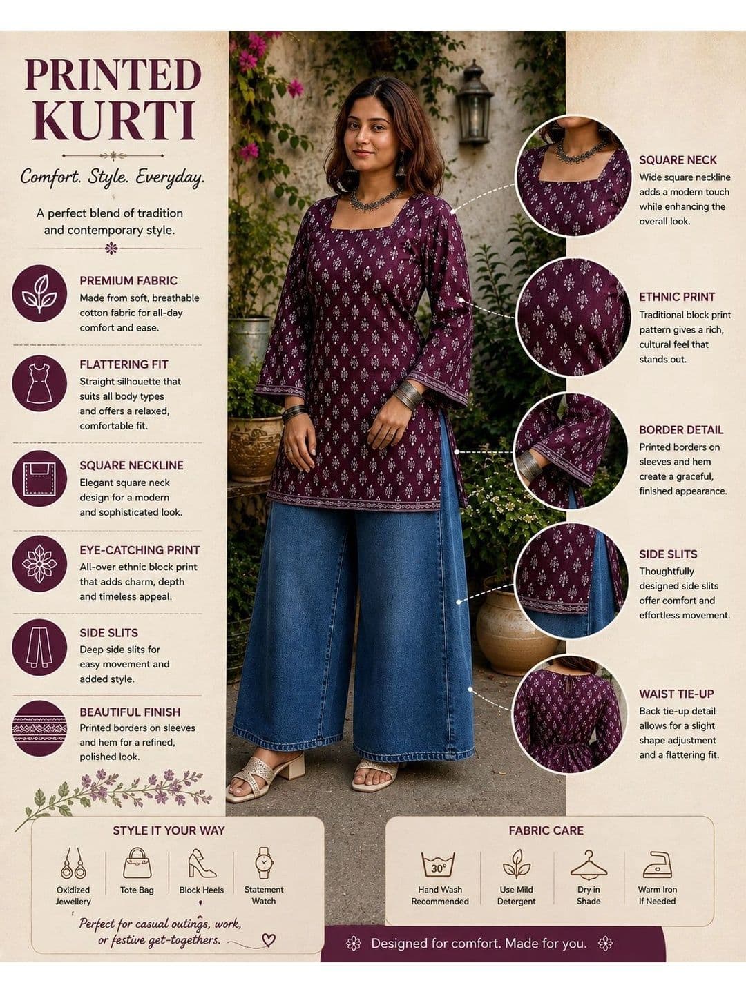 Sangria Ethnic Motifs Printed Square Neck Flared Sleeves Pure Cotton Kurti thumbnail 3