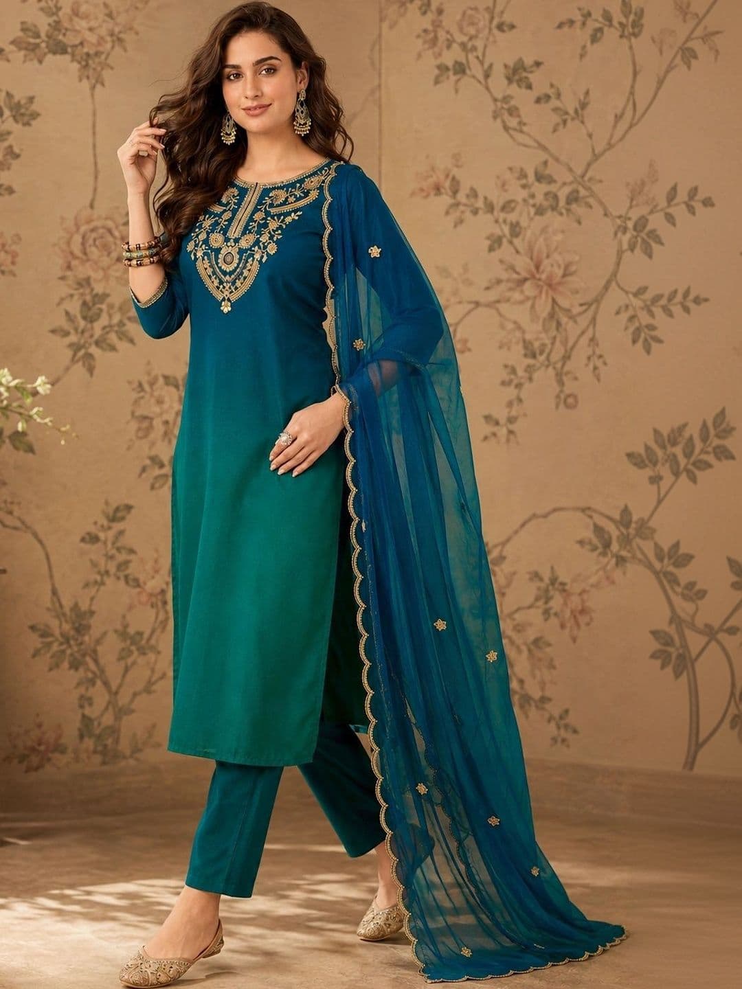 Sangria Women Ethnic Motifs Embroidered Regular Kurta with Trousers & With Dupatta thumbnail 6