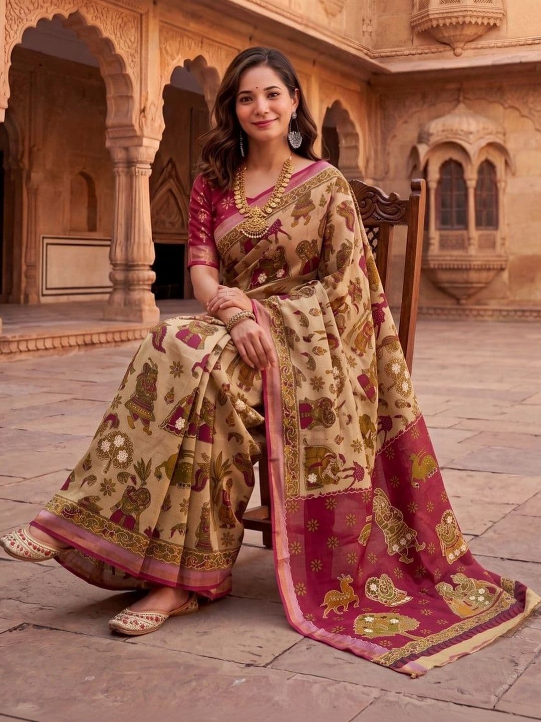 SONARIKA CREATION Kalamkari Zari Pure Cotton Heavy Work Block Print Saree thumbnail 3