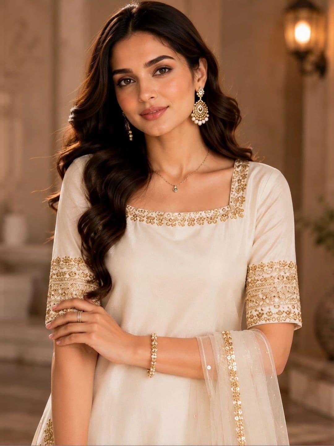 Sangria Women Ethnic Motifs Embroidered Regular Kurta with Palazzos & With Dupatta thumbnail 6