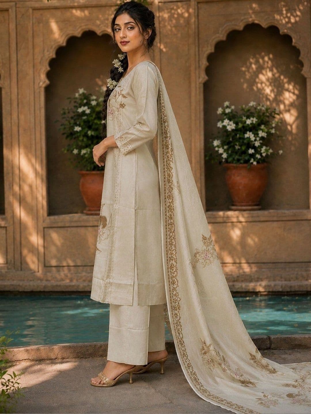 ETHONEA Women Floral Embroidered Regular Thread Work Pure Silk Kurta with Trousers & With Dupatta thumbnail 4