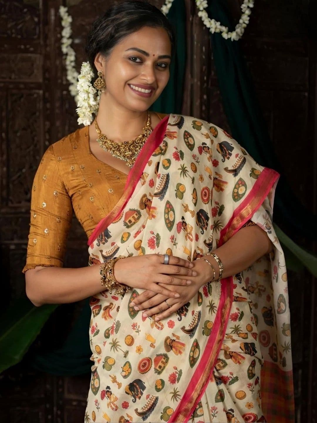 Sakhi Ethnic Wear Kalamkari Linen Blend Fusion Saree thumbnail 5