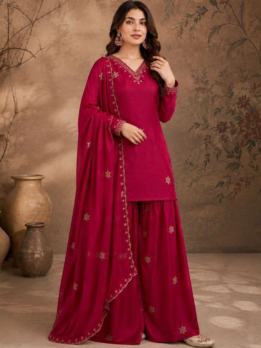 Sangria Women Ethnic Motifs Embroidered Regular Kurta with Sharara & With Dupatta thumbnail 5