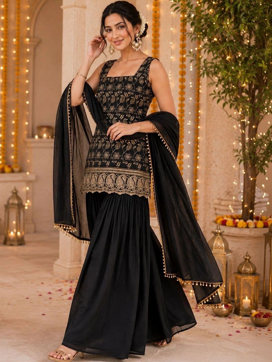 Sangria Women Ethnic Motifs Embroidered Regular Kurta with Sharara & With Dupatta thumbnail 5