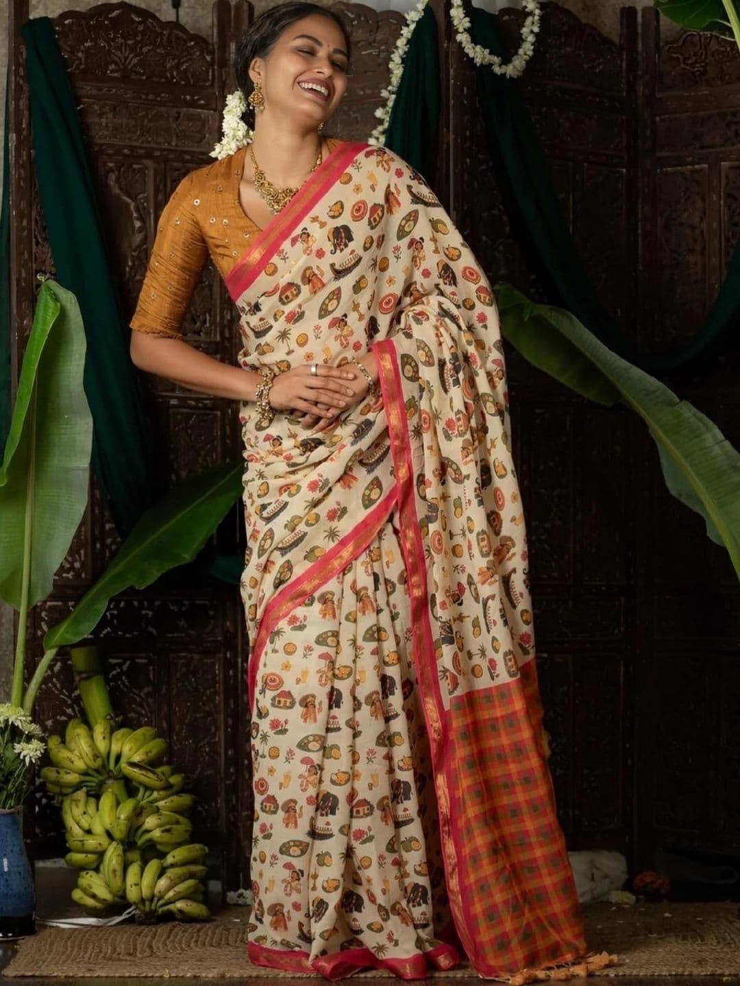 Sakhi Ethnic Wear Kalamkari Linen Blend Fusion Saree - view 1