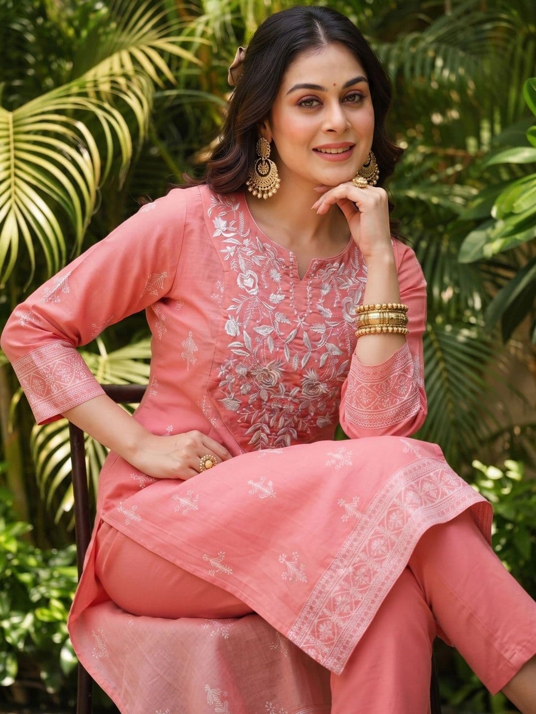 KJFAB Women Ethnic Motifs Embroidered Regular Chikankari Pure Cotton Kurta with Trousers thumbnail 5
