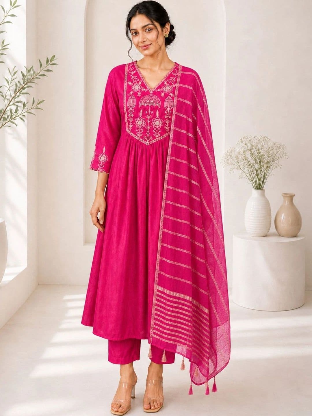 Aumira Women Ethnic Motifs Embroidered Empire Thread Work Kurta with Trousers & With Dupatta - view 1