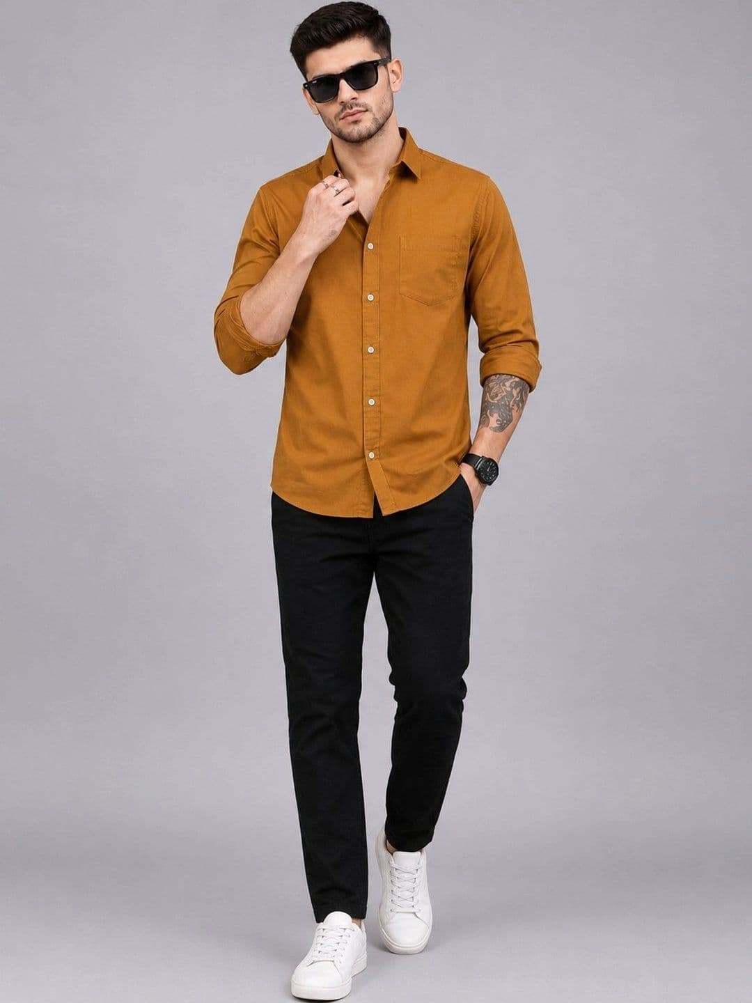 Roadster Men Mustard Solid Regular Fit Spread Collor Casual Shirt thumbnail 4