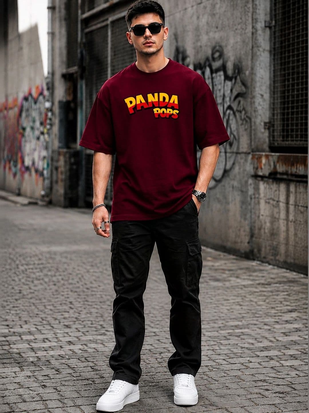 PANDA POPS Men Printed Drop-Shoulder Sleeves T-shirt thumbnail 2
