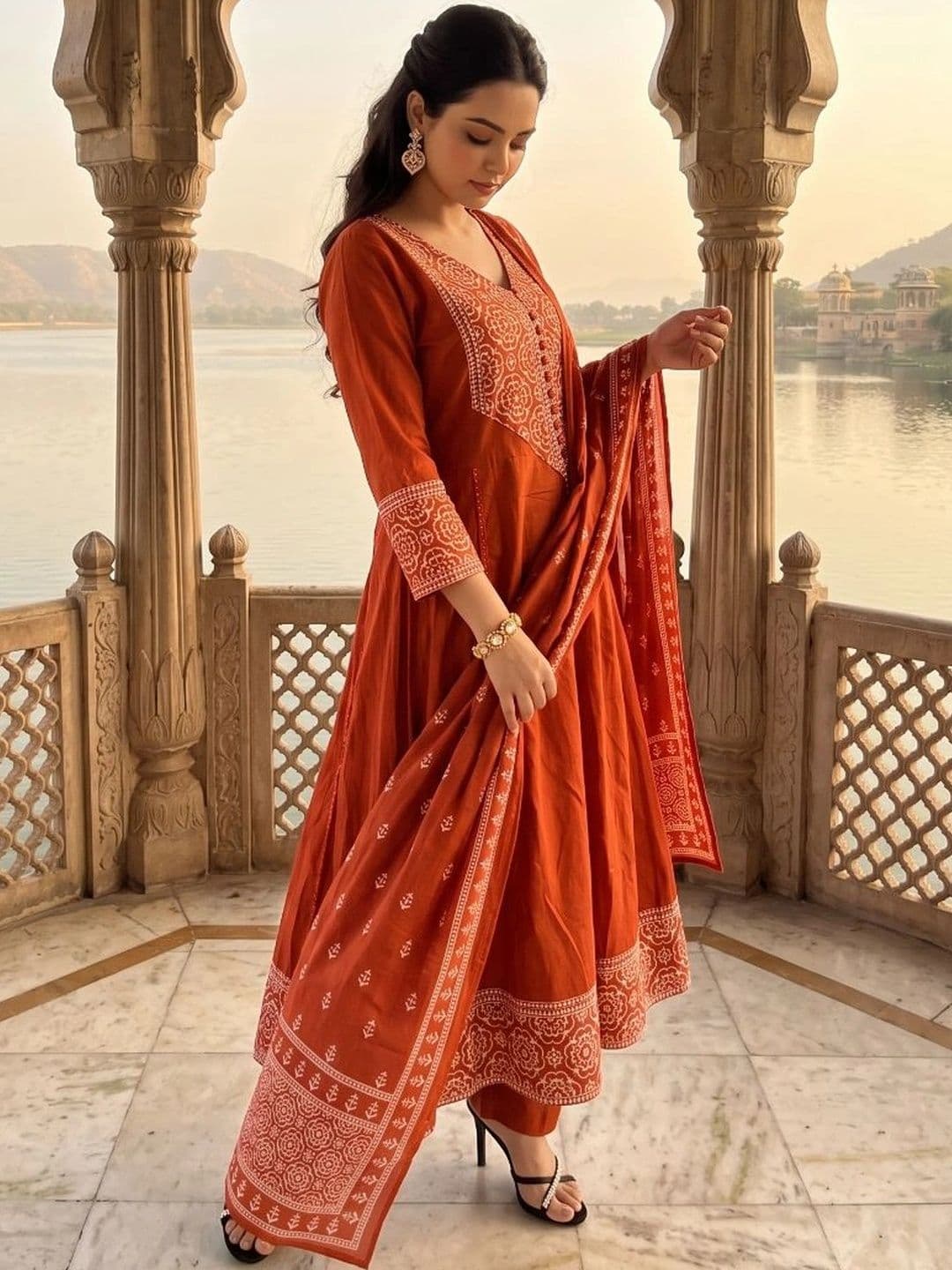 Sangria Women Ethnic Motifs Embroidered Regular Thread Work Pure Cotton Kurta with Trousers & With Dupatta thumbnail 7