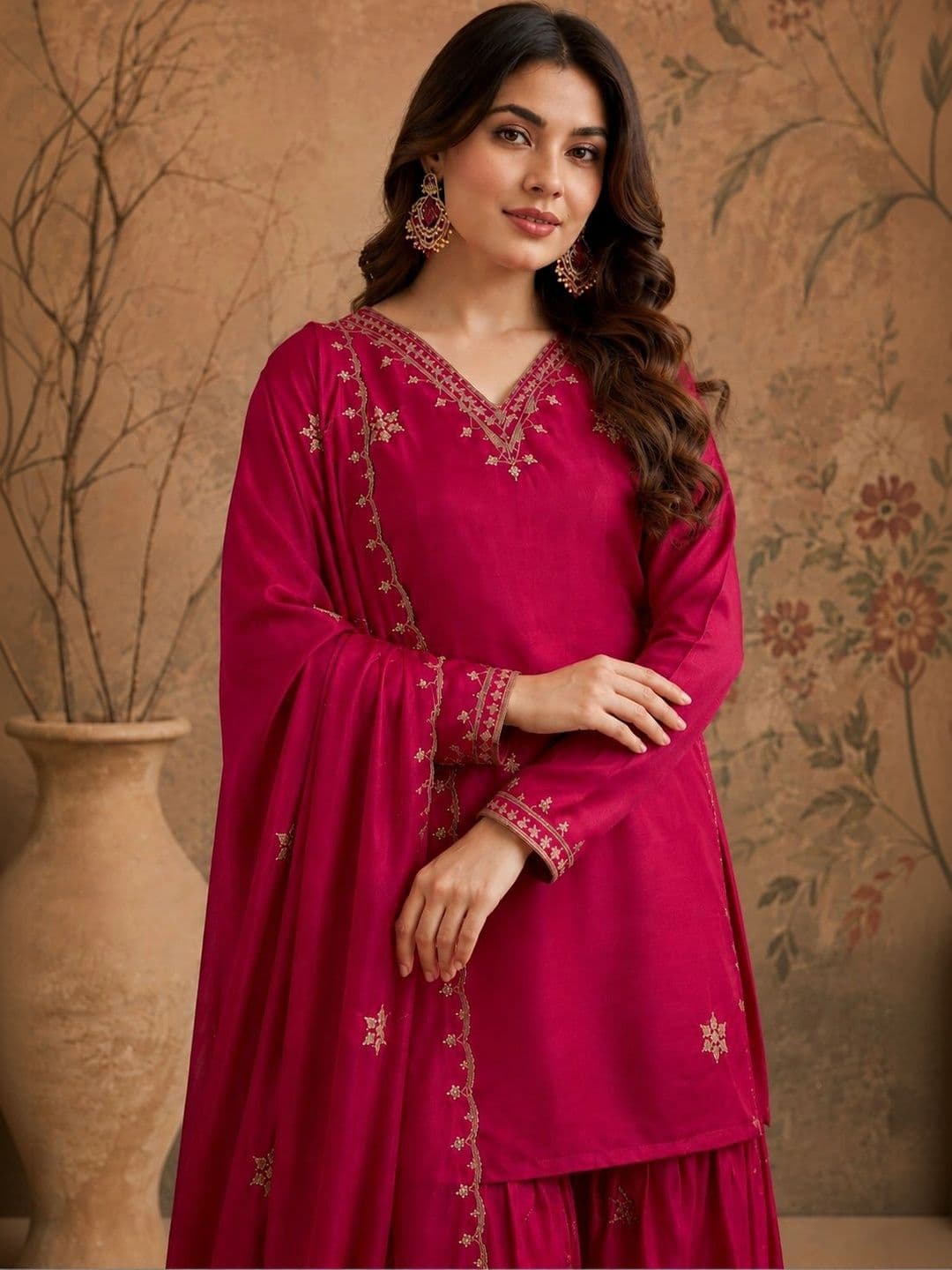Sangria Women Ethnic Motifs Embroidered Regular Kurta with Sharara & With Dupatta thumbnail 4