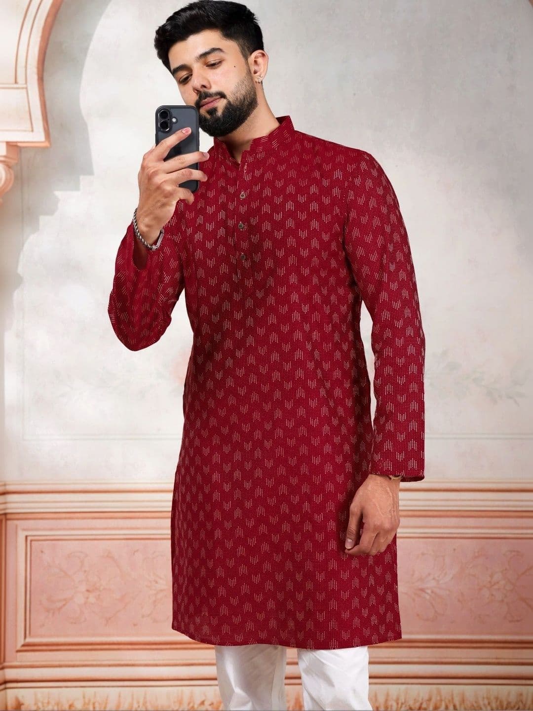 Koshin Geometric Embroidered Mandarin Collar Thread Work Straight Kurta thumbnail 5