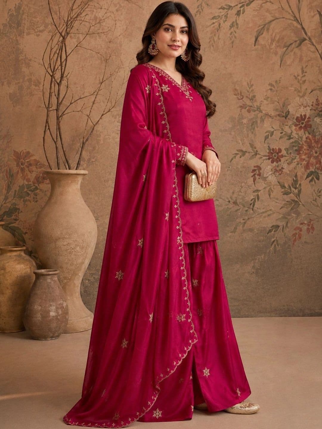 Sangria Women Ethnic Motifs Embroidered Regular Kurta with Sharara & With Dupatta thumbnail 2