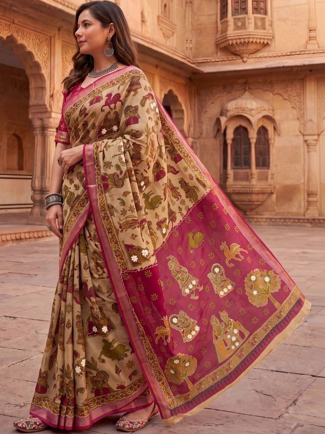 SONARIKA CREATION Kalamkari Zari Pure Cotton Heavy Work Block Print Saree thumbnail 4