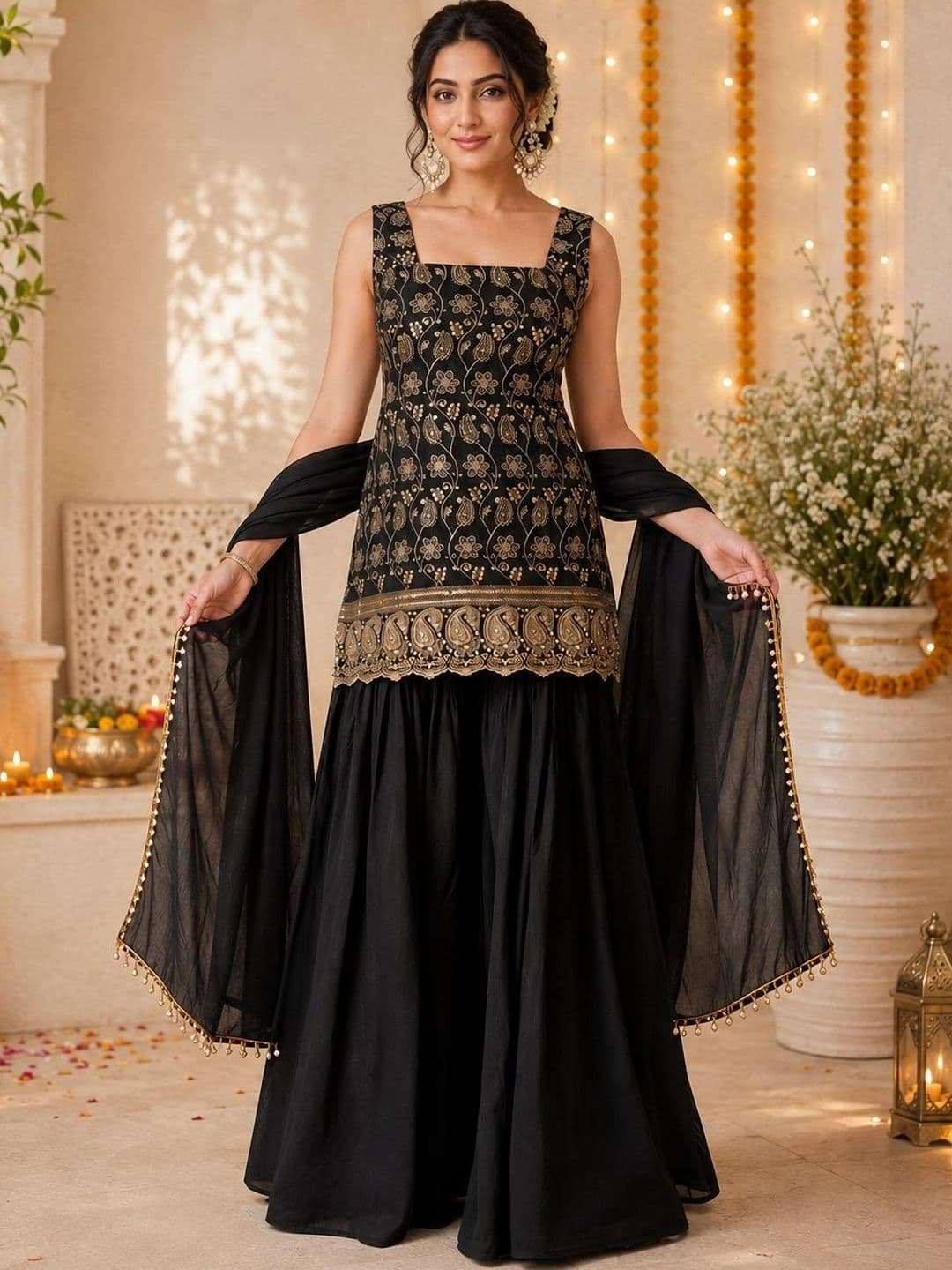 Sangria Women Ethnic Motifs Embroidered Regular Kurta with Sharara & With Dupatta thumbnail 7