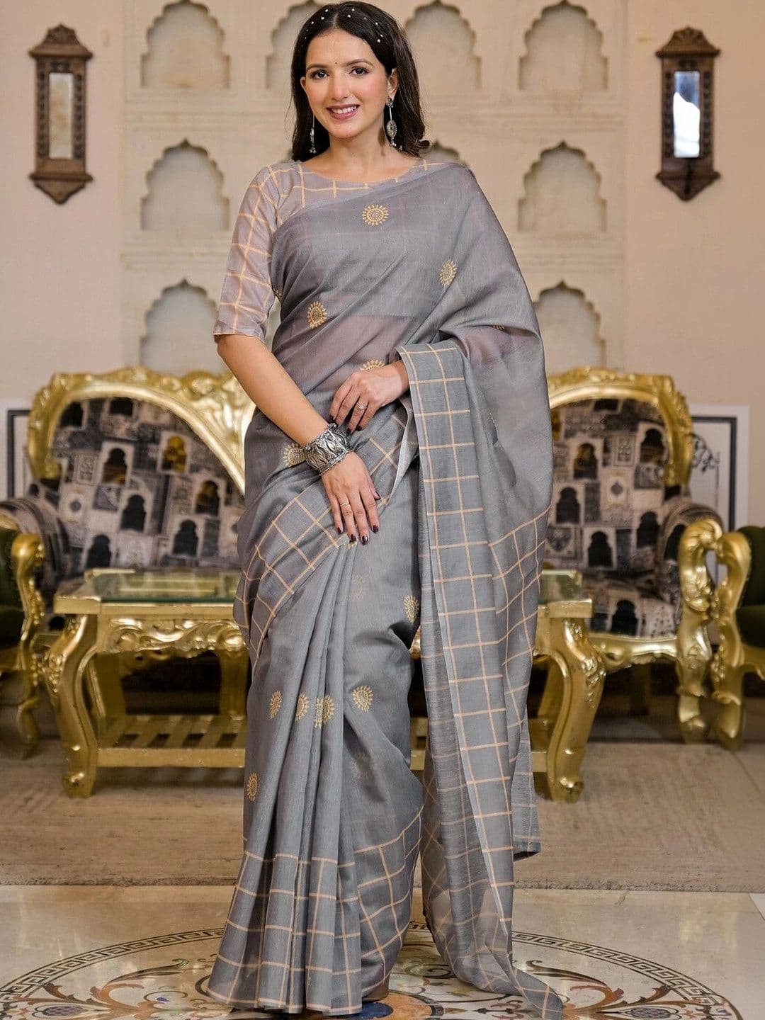 KALINI Checked Embroidered Silk Blend Saree - view 1