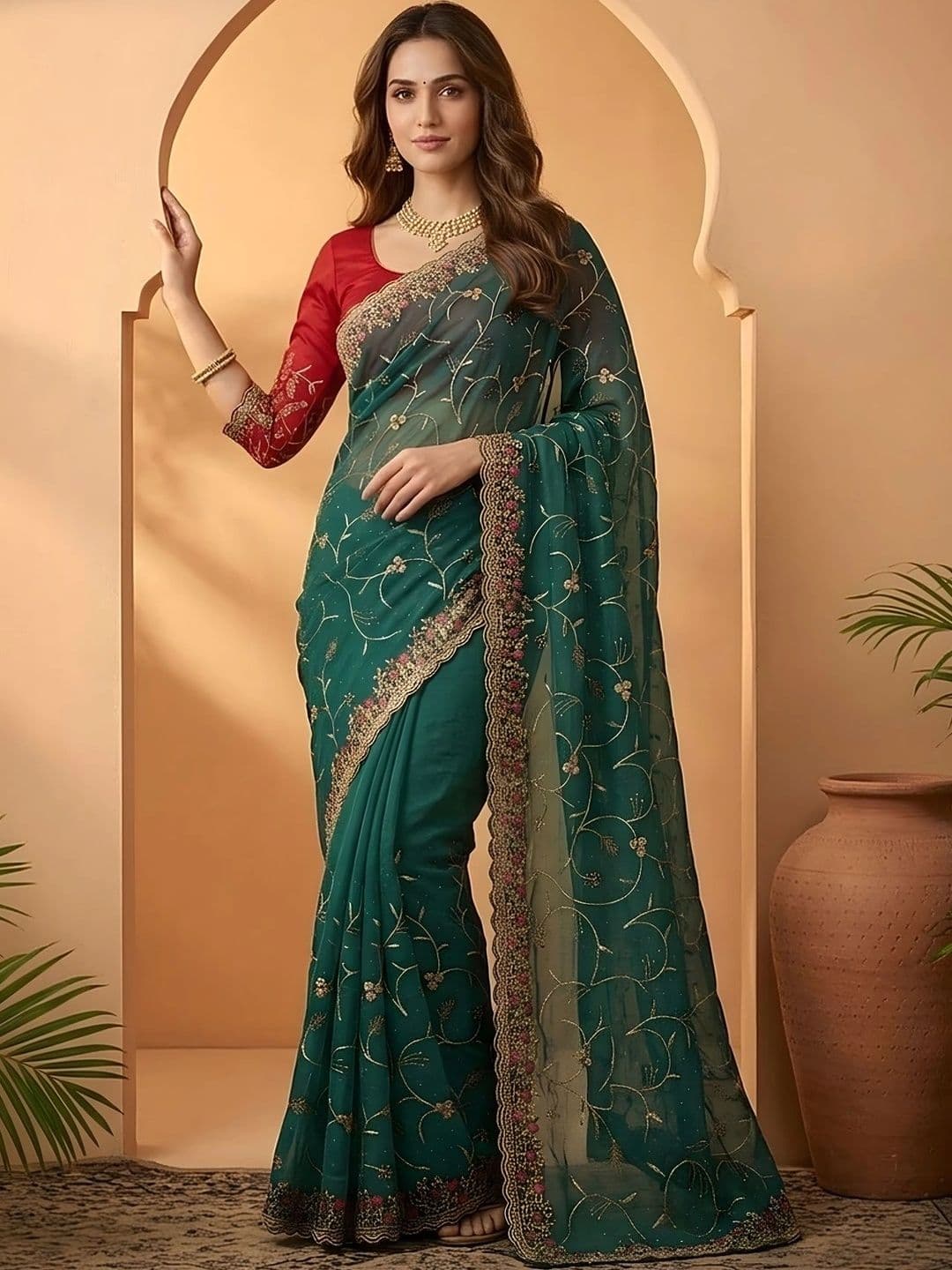 Mitera Floral Embroidered Silk Blend Fusion Saree thumbnail 4