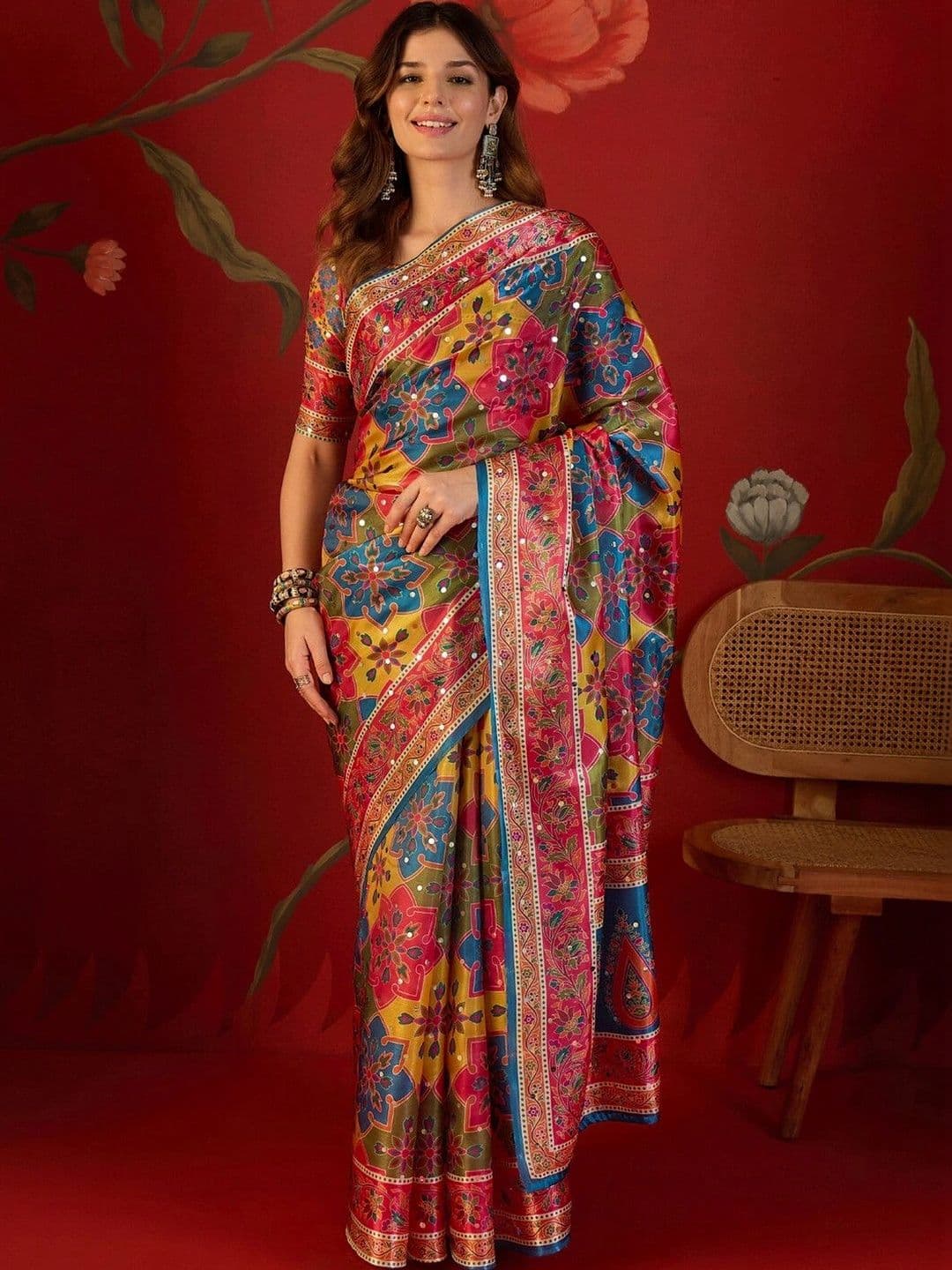 Sangria Ethnic Motifs Mirror Work Pure Georgette Saree - view 1