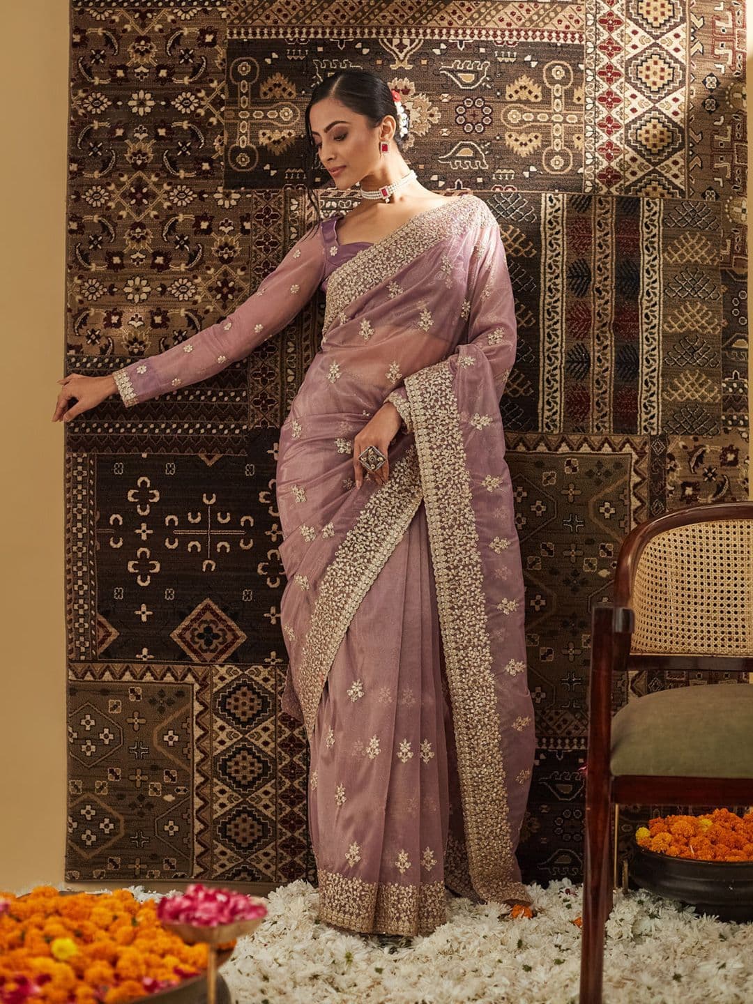 kasee Floral Zardozi Supernet Saree thumbnail 4