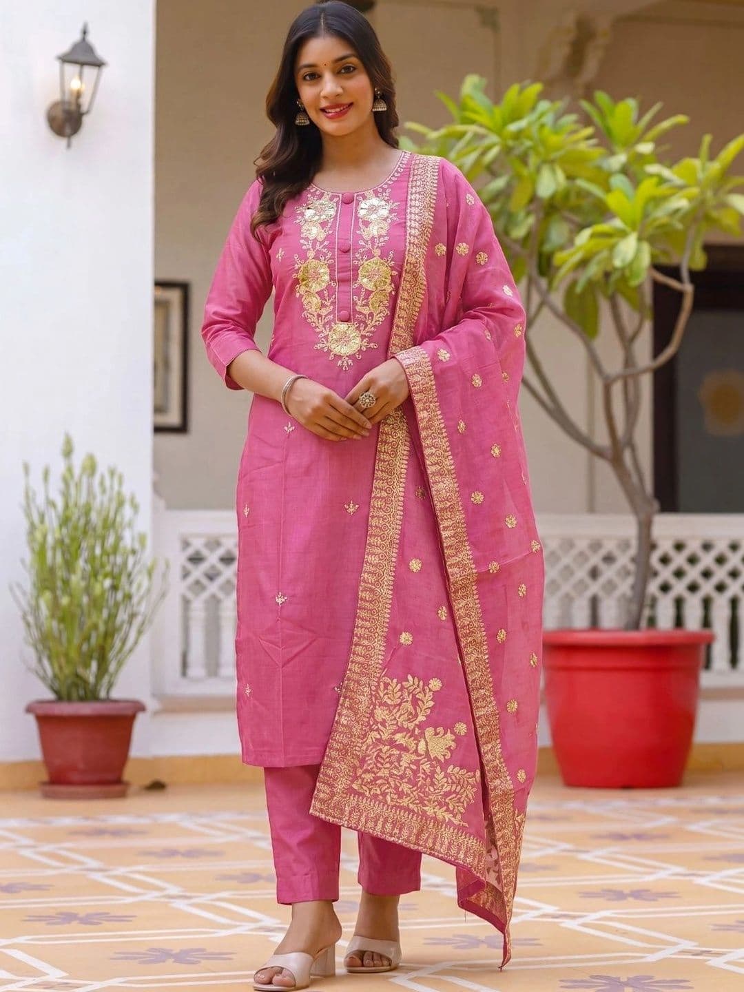 ANKHIR ERA Women Ethnic Motifs Embroidered Regular Kurta with Trousers & With Dupatta thumbnail 2