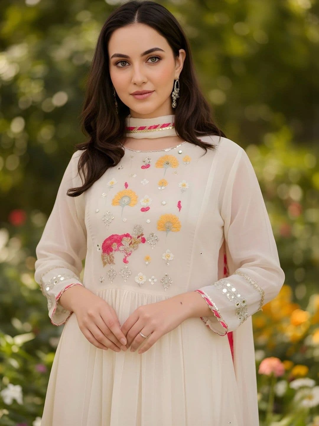 HERE&NOW Women Floral Embroidered Empire Mirror Work Kurta with Palazzos & With Dupatta thumbnail 2