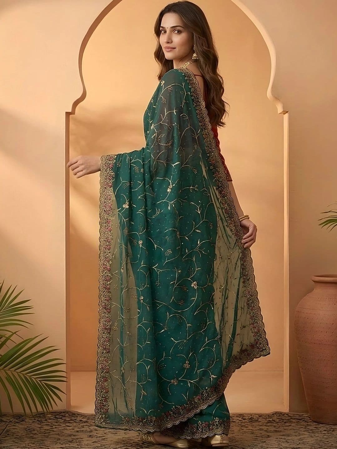 Mitera Floral Embroidered Silk Blend Fusion Saree thumbnail 2